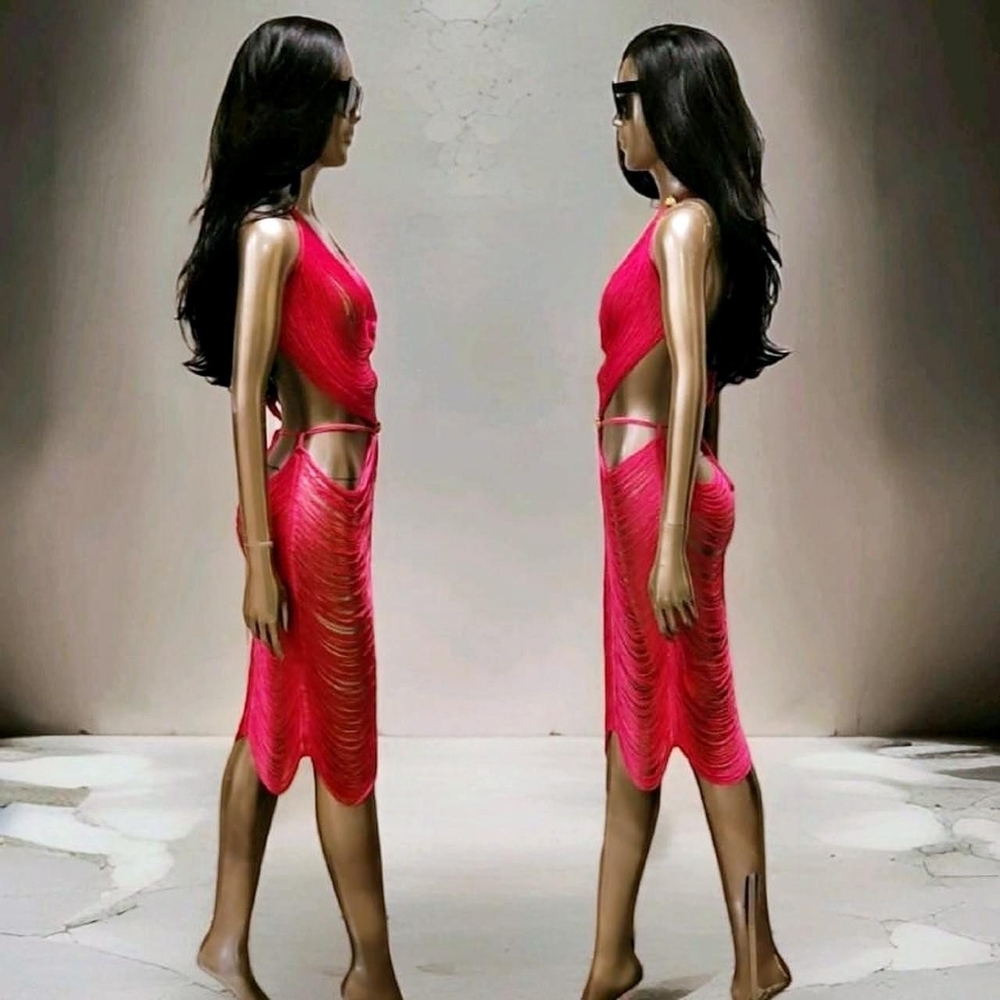 NWT Sunset Pink In Miami Sexy Cut Out Fringe Embellished Ibiza Festival Dress - Picture 9 of 16